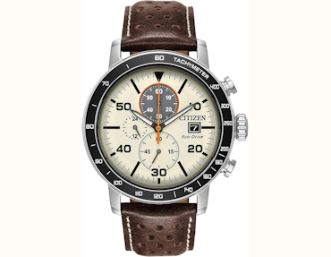 Citizen Men Eco-Drive Weekender Brycen Chronograph Watch in Stainless Steel, Brown Leather strap